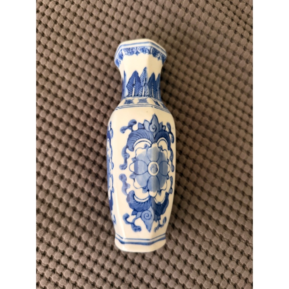 Vintage Blue and White Porcelain Hexagonal Bud Vase Chinoiserie Floral 8 inch